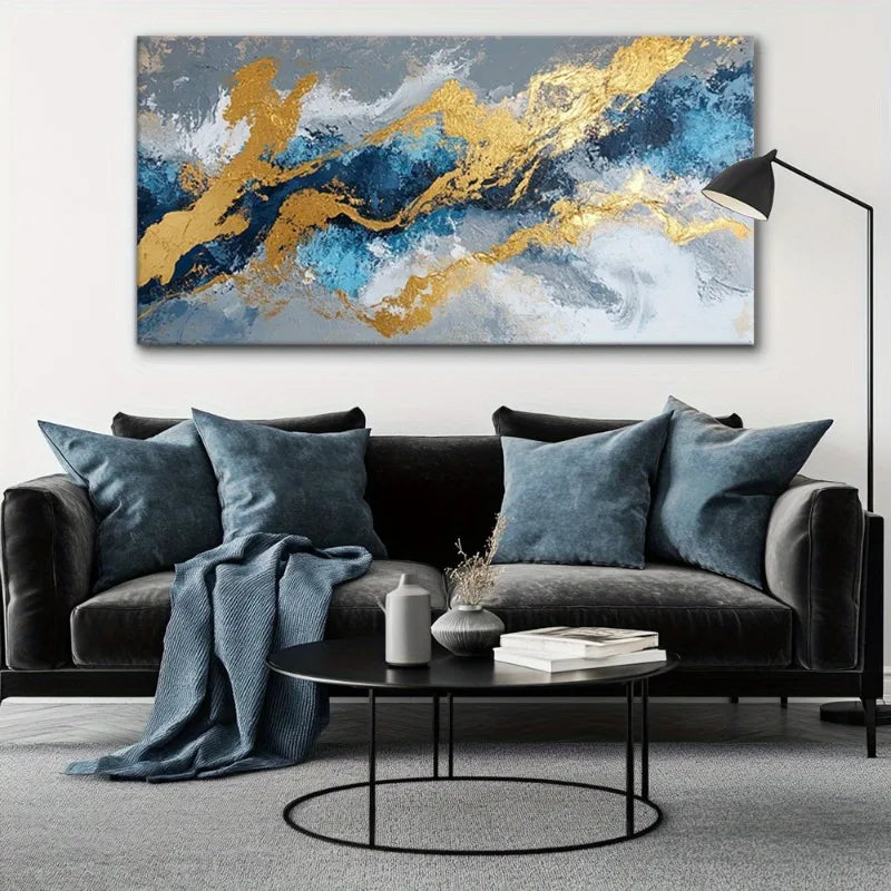 Modern Golden Blue Abstract Canvas Wall Art Frameless Print, for Living Room, Bedroom, Office, Dining Room, High Quality Canvas