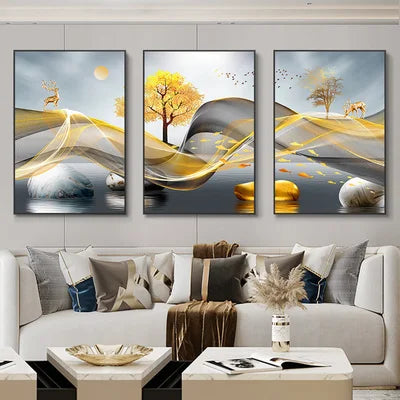 Set of 3 Pcs Flowing Abstract Auspicious Landscape Wall Art Fine Art Canvas Prints - Triptych Artworks For Living Room Dining Room Art For Home Office Decor