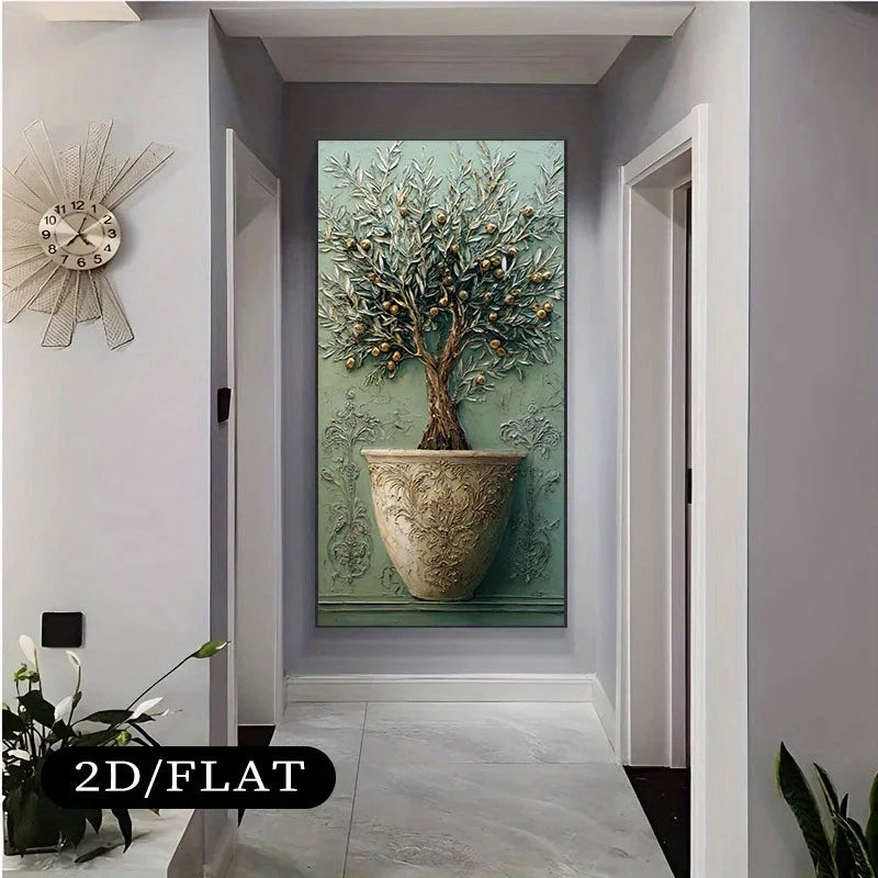 Elegant Terracotta Olive Tree Canvas Wall Art – Neutral Botanical Artwork With Ornate Vase & Sculptural Detailing For Modern Entryway Foyer