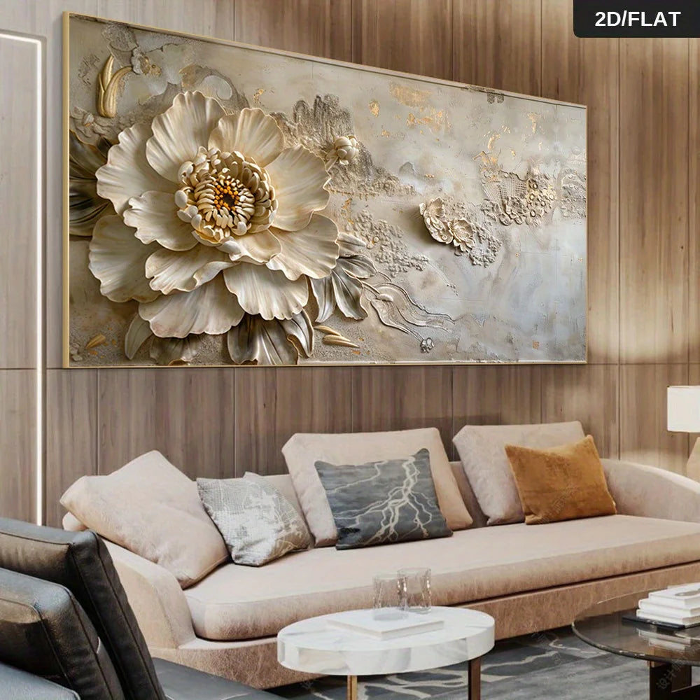 Luxury Cream Petal Relief Design Floral Canvas Print Unframed Wall Art –  Neutral Background for Modern Elegant Living Room Decor