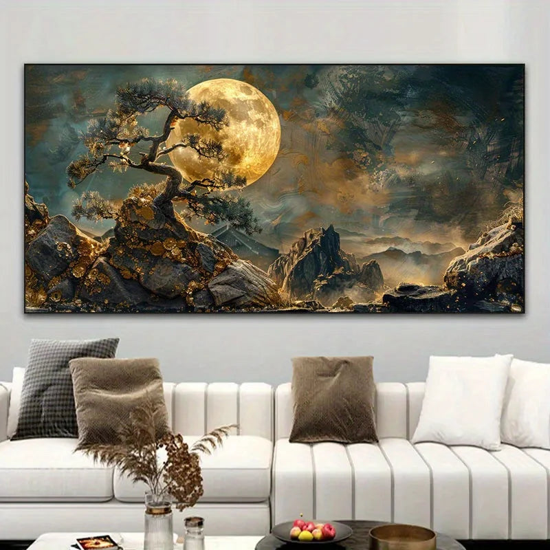 Mystical Golden Moon Tree Landscape Wall Art – Surreal Dreamy Nature Scene – Large Format Canvas Print for Modern Living Room Decor