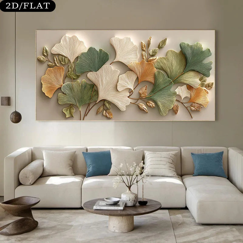 Ginkgo Leaf Canvas Print Unframed Wall Art – Green Gold & Beige Botanical Design for Elegant Living Room Home Decor & Interior Styling