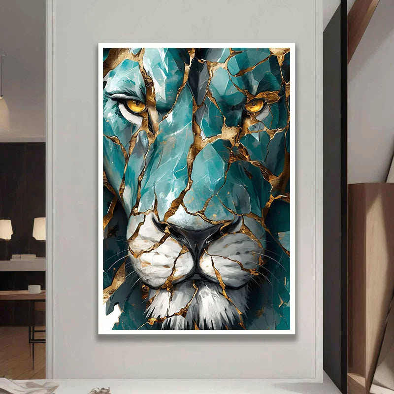 Turquoise & Gold Lion Wall Art Unframed Canvas Print – Modern Abstract Mosaic‑Style Design for Bold Contemporary Living Room Decor