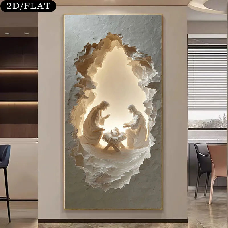 Nativity Scene Unframed Canvas Print Wall Art – Holy Cave Design with Warm Glow for Modern Living Room & Contemporary Foyer Hallway Decor