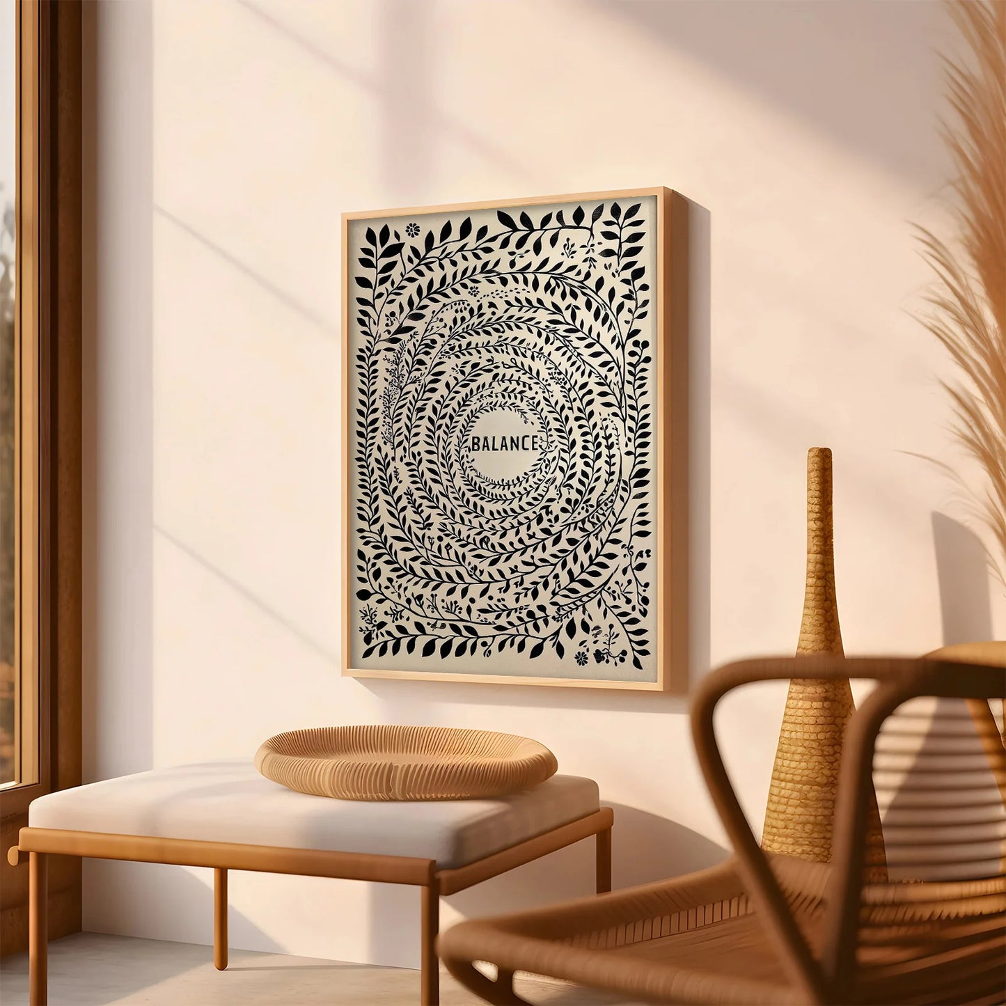 Balance Botanical Mandala Canvas Print Wall Art – Minimalist Black Leaf Circle Design on Neutral Beige Background for Modern  Home Décor