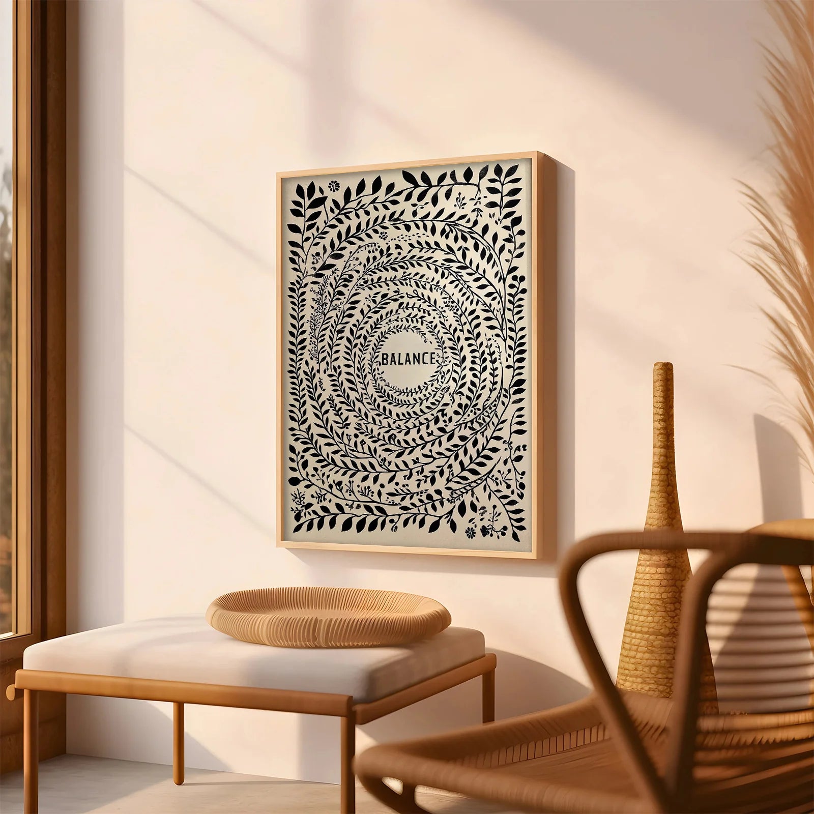 Balance Botanical Mandala Canvas Print Wall Art – Minimalist Black Leaf Circle Design on Neutral Beige Background for Modern  Home Décor