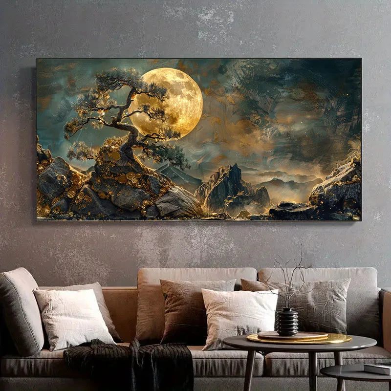 Mystical Golden Moon Tree Landscape Wall Art – Surreal Dreamy Nature Scene – Large Format Canvas Print for Modern Living Room Decor