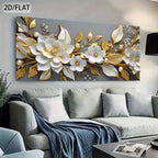 Large Unframed Canvas White Golden Floral Design, High-Quality Printing, for Living Room, Bedroom, Office Decor, Canvas Wall Art