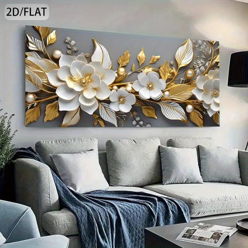 Large Unframed Canvas White Golden Floral Design, High-Quality Printing, for Living Room, Bedroom, Office Decor, Canvas Wall Art
