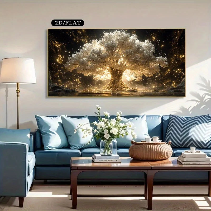 Golden Tree Of Life Wall Art – Radiant Magical Luminant Tree Artwork – Premium Unframed Canvas Print for Modern Living Room Home Decor
