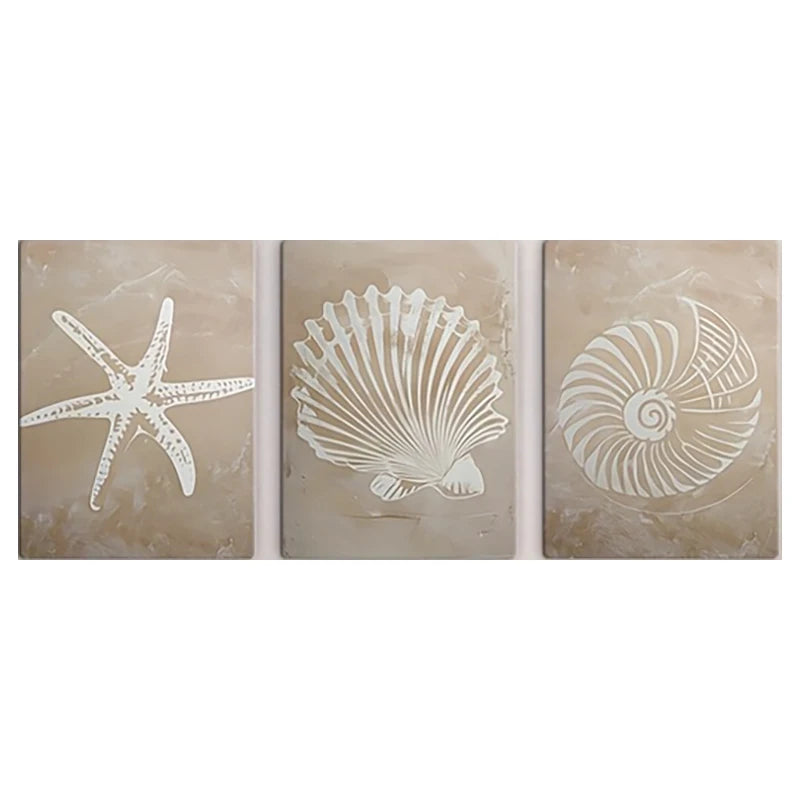 Coastal Sea Life Canvas Print Set – Beige Textured Starfish, Scallop & Nautilus Shell Wall Art for Beach House, Modern Coastal Home Décor