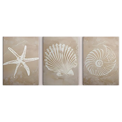 Coastal Sea Life Canvas Print Set – Beige Textured Starfish, Scallop & Nautilus Shell Wall Art for Beach House, Modern Coastal Home Décor