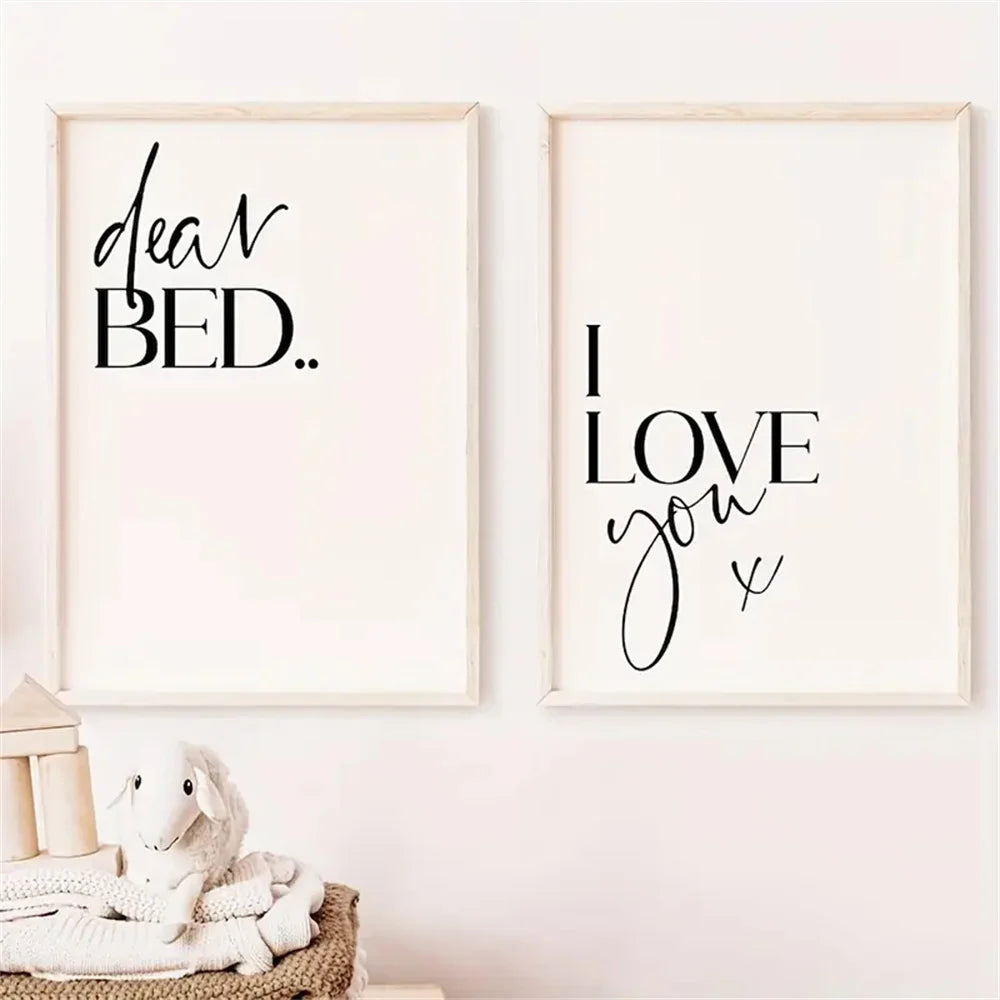 Minimalist Bedroom Quote Wall Art Set – “Dear BED” & “I LOVE you” Typography Prints for Cozy Bedroom & Contemporary Home Decor