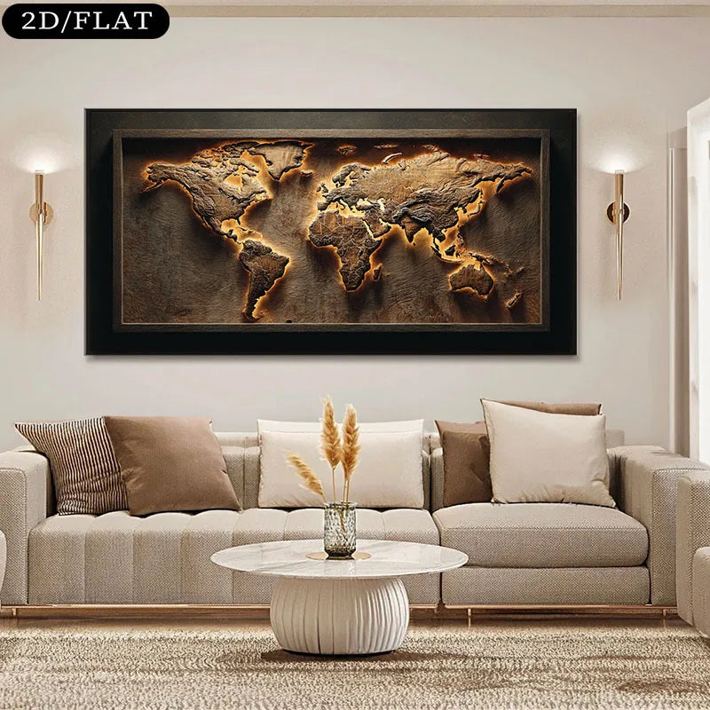 Luxury Unframed Abstract World Map Canvas Print Wall Art – Modern Neutral Living Room Statement Art Piece for Earth‑Tone Home Decor
