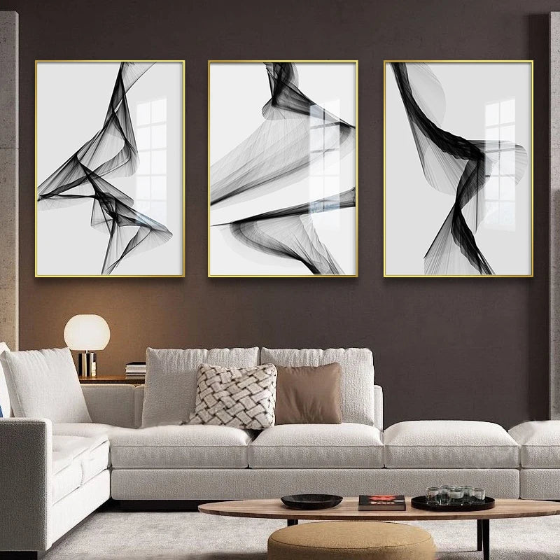 Black White Flowing Lines Abstract Minimalist Wall Art Fine Art Canvas Prints - Pictures For Modern Apartment Living Room Dining Room Art For Contemporary Interiors