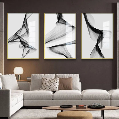 Black White Flowing Lines Abstract Minimalist Wall Art Fine Art Canvas Prints - Pictures For Modern Apartment Living Room Dining Room Art For Contemporary Interiors