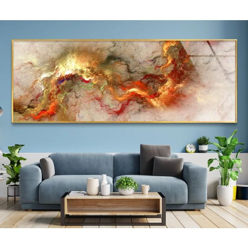Large Fiery Abstract Swirl Wide Format Canvas Print Wall Art – Red Orange Gold Cloudscape Painting for Modern Bedroom Above Bed Decor