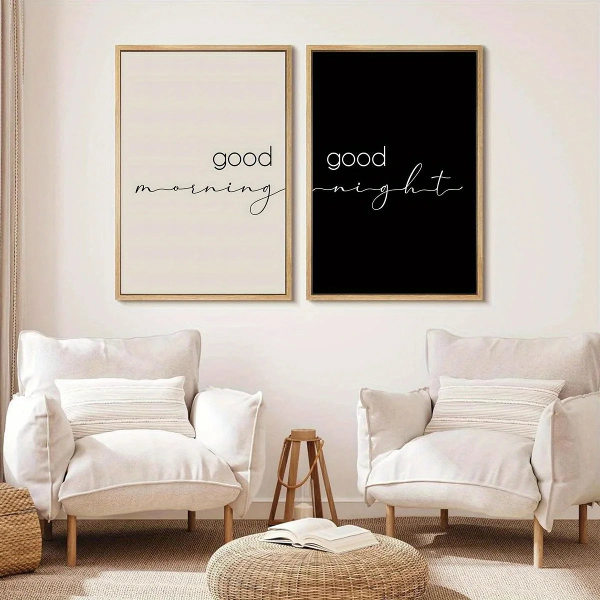 Good Morning & Good Night Typography Canvas Print Set – Minimalist Black & White Wall Art for Kitchen, Coffee Bar & Bedroom Décor