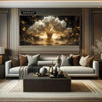 Golden Tree Of Life Wall Art – Radiant Magical Luminant Tree Artwork – Premium Unframed Canvas Print for Modern Living Room Home Decor