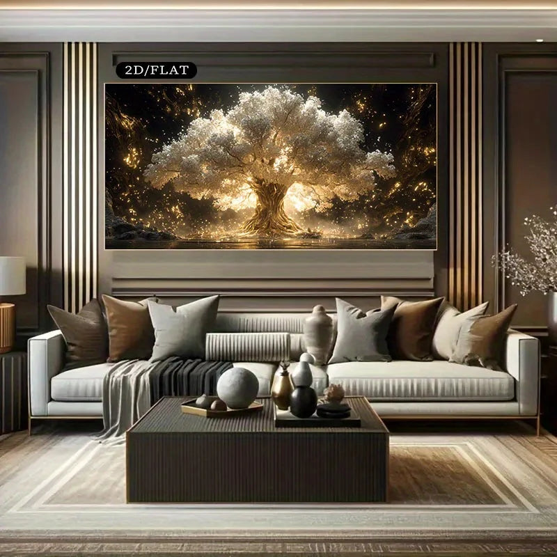 Golden Tree Of Life Wall Art – Radiant Magical Luminant Tree Artwork – Premium Unframed Canvas Print for Modern Living Room Home Decor