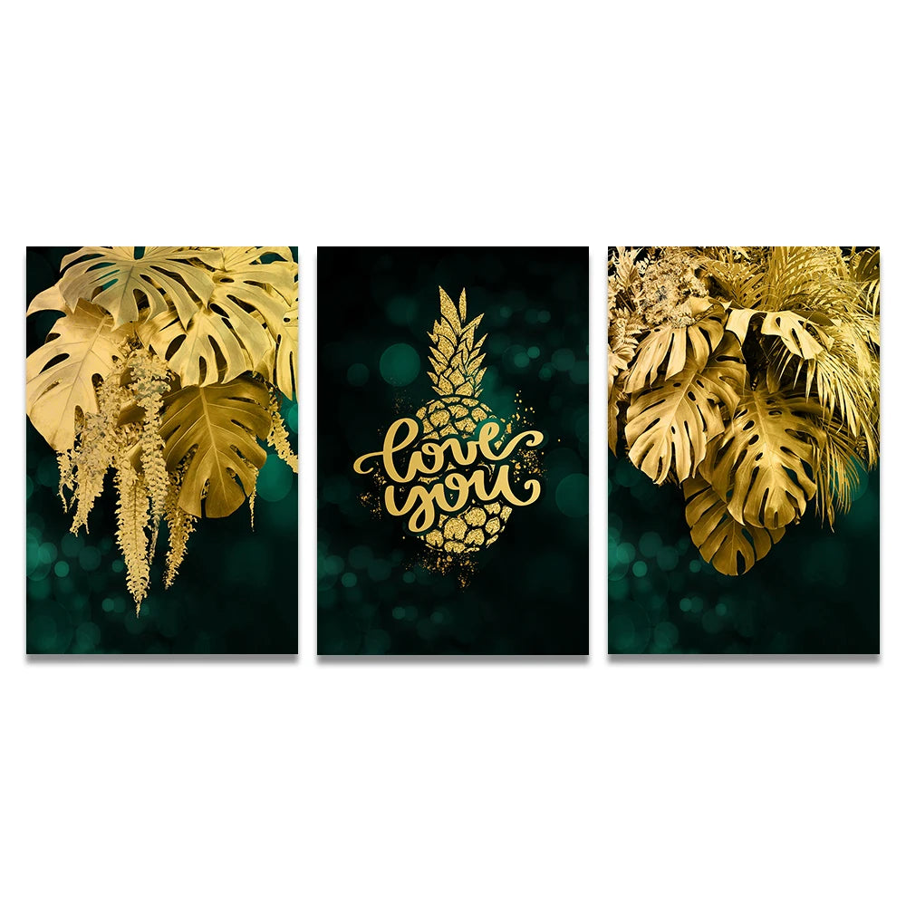 Set of 3PCs Golden Monstera Wall Art Fine Art Canvas Prints - Modern Tropical Botanical Pictures For Living Room Dining Room Art For Contemporary Interiors