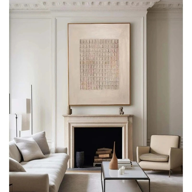 Neutral Grid Abstract Wall Art – Minimalist Beige & Cream Geometric Pattern Design – Art for Calm Living Room & Contemporary Home Decor