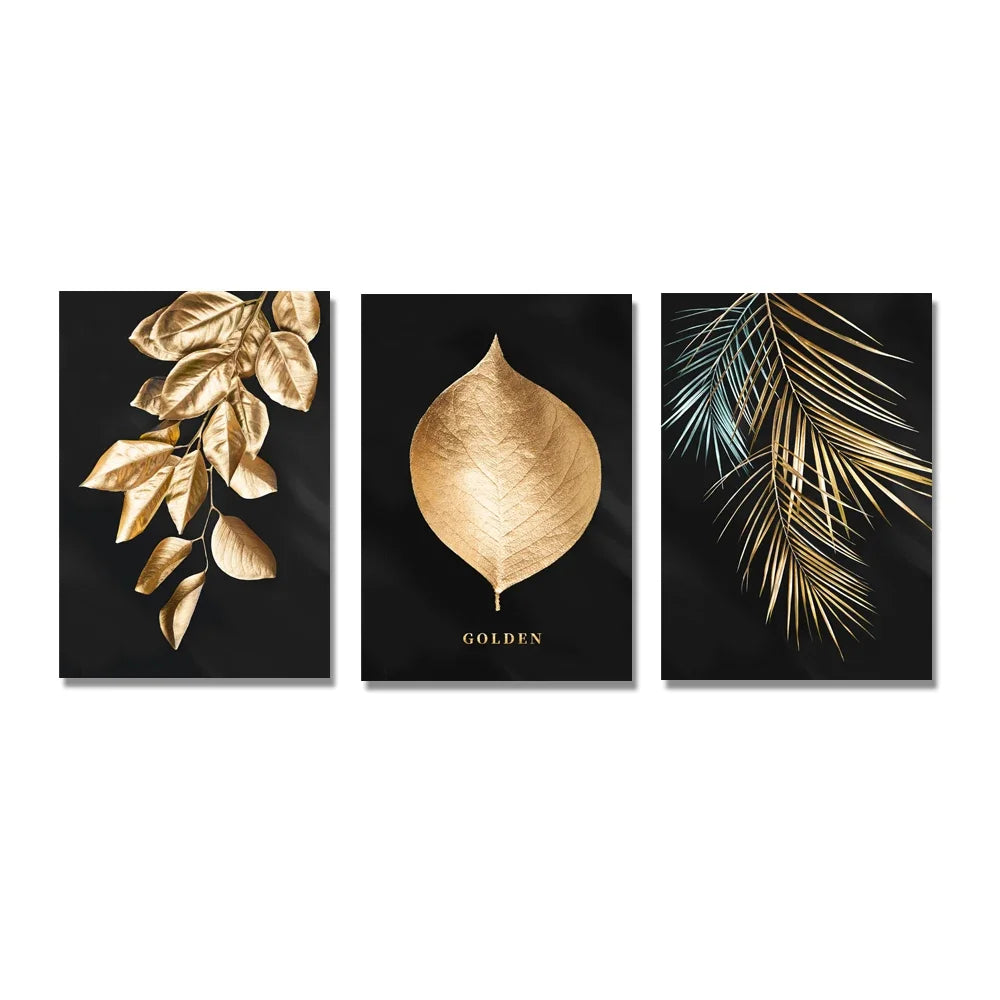 Set of 3PCs Golden Monstera Wall Art Fine Art Canvas Prints - Modern Tropical Botanical Pictures For Living Room Dining Room Art For Contemporary Interiors