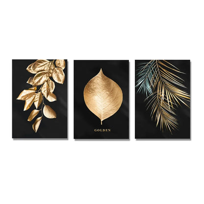Set of 3PCs Golden Monstera Wall Art Fine Art Canvas Prints - Modern Tropical Botanical Pictures For Living Room Dining Room Art For Contemporary Interiors