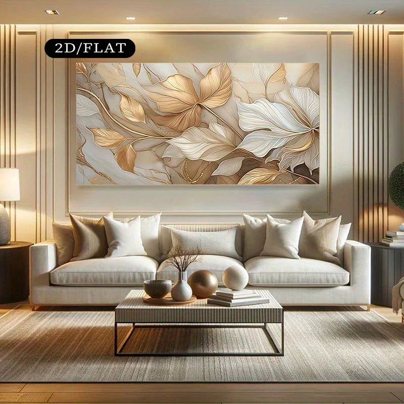 Luxury Gold & Beige Abstract Floral Canvas Wall Art – Modern Leaf Pattern Design with Elegant Linework – Contemporary Art For Living Room