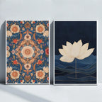 Large Unframed Lotus Flower and Mandala Pattern Canvas Print Wall Art for Modern Boho Living Room and Contemporary Home Décor Styling