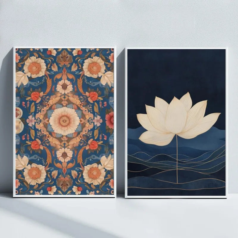Large Unframed Lotus Flower and Mandala Pattern Canvas Print Wall Art for Modern Boho Living Room and Contemporary Home Décor Styling