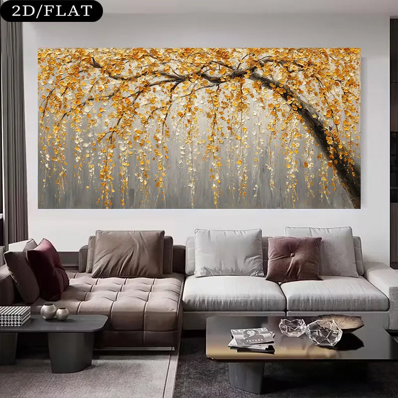 Golden Tree Branch Leaves Wall Art – Luxury Neutral Botanical Unframed Canvas Print for Modern Living Room Auspicious Home Interior Styling
