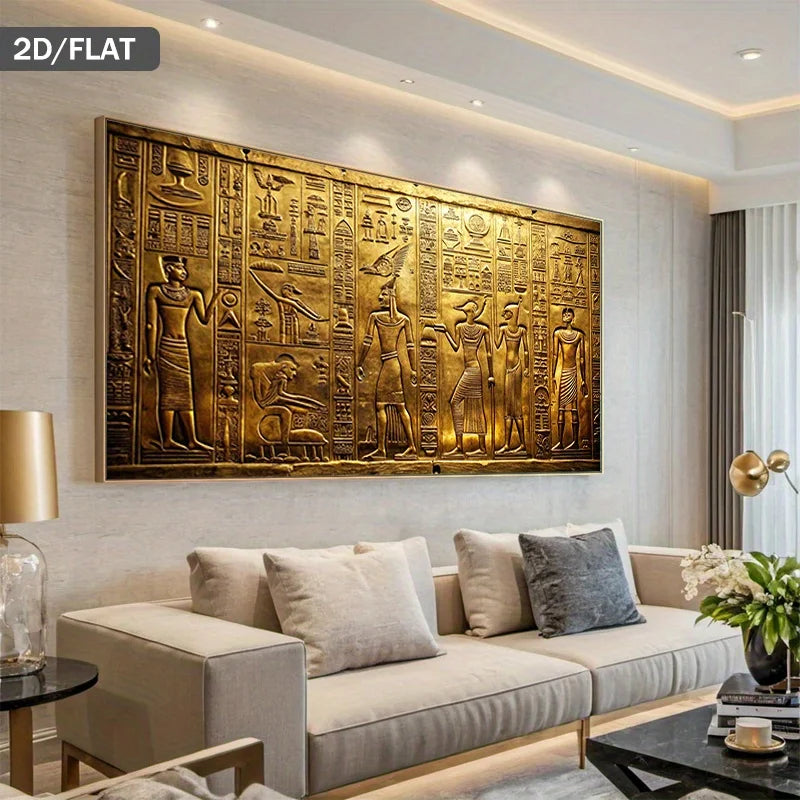 Luxury Egyptian Hieroglyphics Canvas Wall Art – Gold 2D Flat Ancient Pharaoh Figures & Symbolic Motifs for Modern Living Room & Apartments