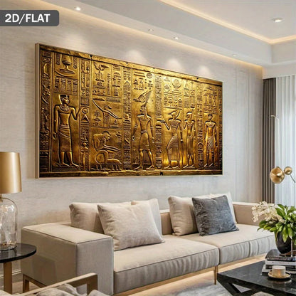 Luxury Egyptian Hieroglyphics Canvas Wall Art – Gold 2D Flat Ancient Pharaoh Figures & Symbolic Motifs for Modern Living Room & Apartments