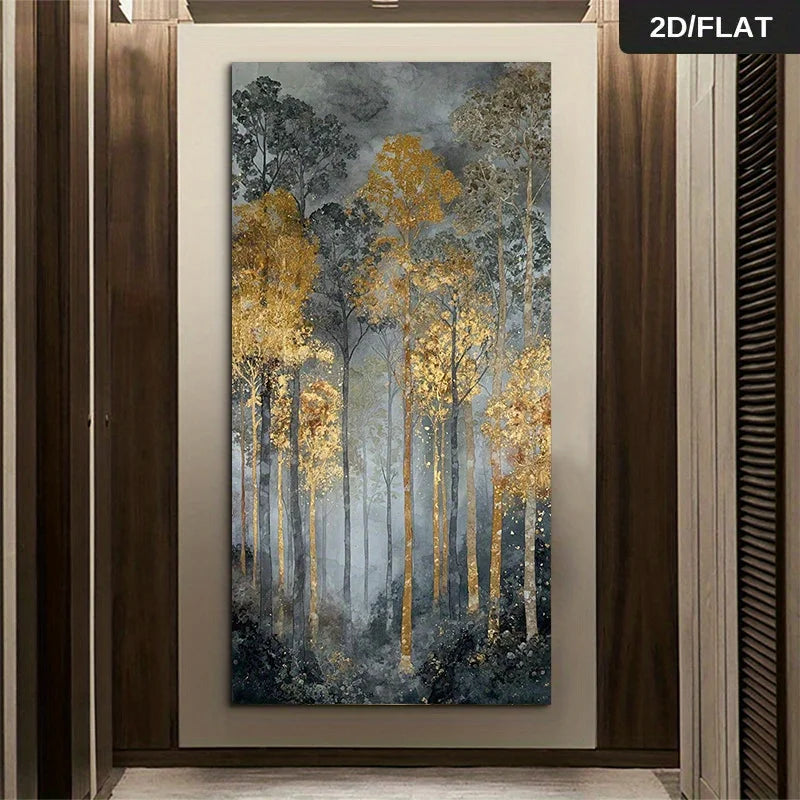 Golden Autumn Forest Unframed Canvas Wall Art – Vertical Format Landscape Print Misty Woodland Nature Painting for Modern Hallway