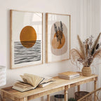 Modern Abstract Boho Canvas Print Wall Art – Minimalist Orange Sun, Organic Shapes & Botanical Silhouette Design for Scandinavian Home Decor