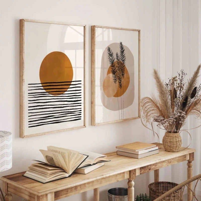 Modern Abstract Boho Canvas Print Wall Art – Minimalist Orange Sun, Organic Shapes & Botanical Silhouette Design for Scandinavian Home Decor
