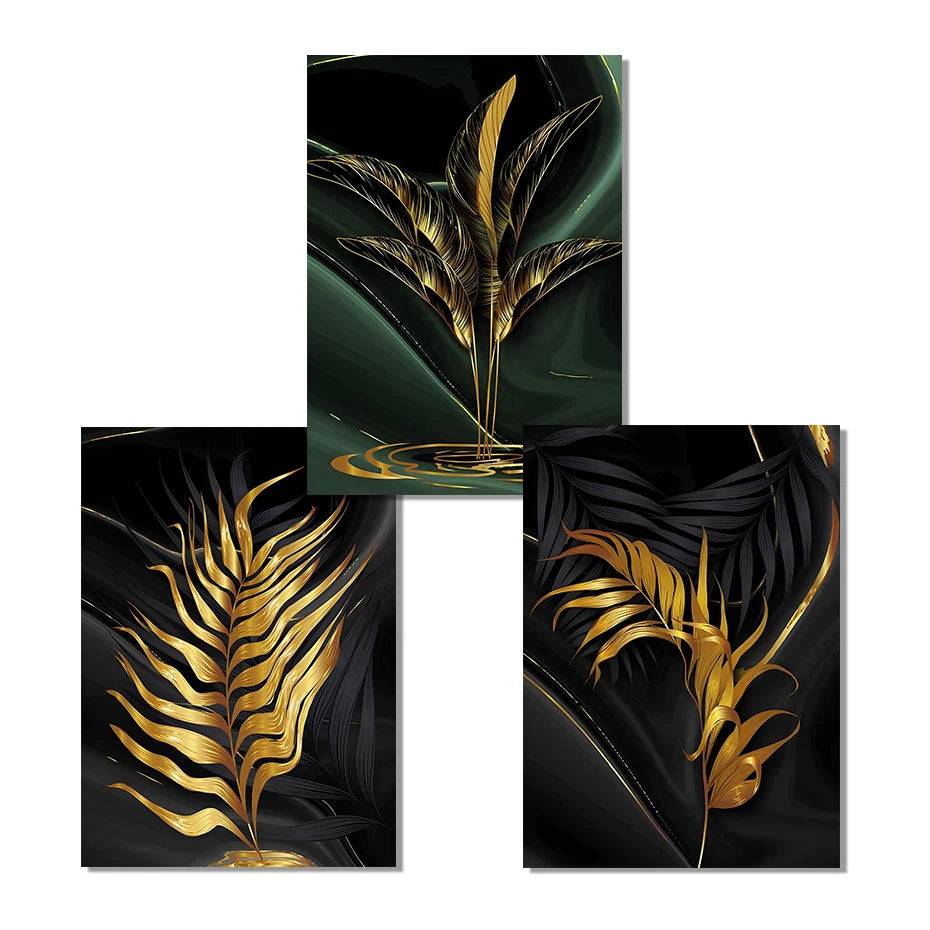 Tropical Green Golden Leaf Wall Art Fine Art Canvas Prints - Modern Botanical Art For Living Room Dining Room Art For Home Office Interiors