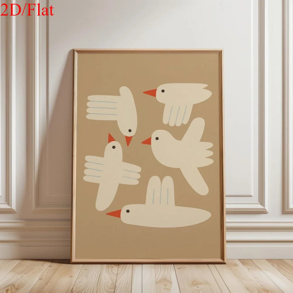 Minimalist White Bird Wall Art – Modern Geometric Tan Background Illustration – Playful Canvas Print for Modern Nursery Kids’ Room Decor