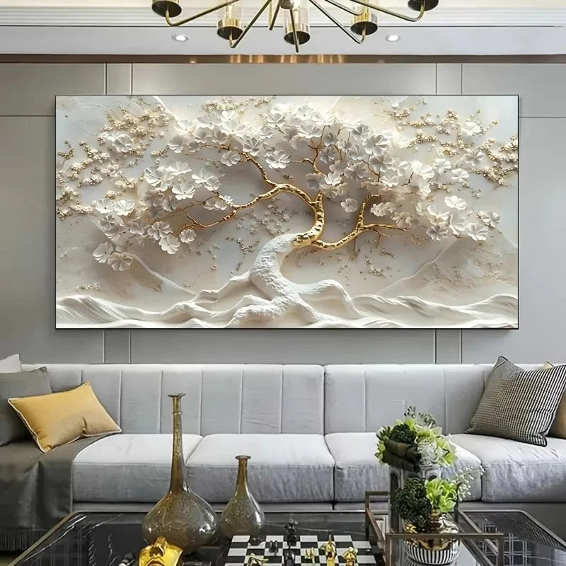 Abstract White Flowers Golden Leaf Tree Canvas Prints Canvas Wall Art Pictures for Living Room Modern Home Decor No Frame