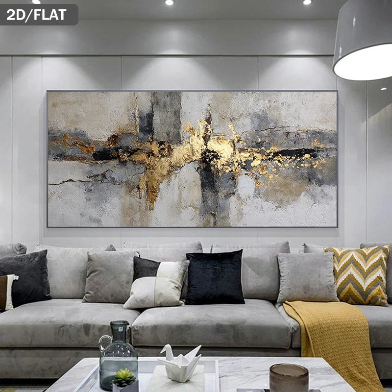 Modern Urban Abstract Canvas Wall Art – Grey, White & Black Horizontal Design with Golden Hued Accents – Luxury Living Room Decor