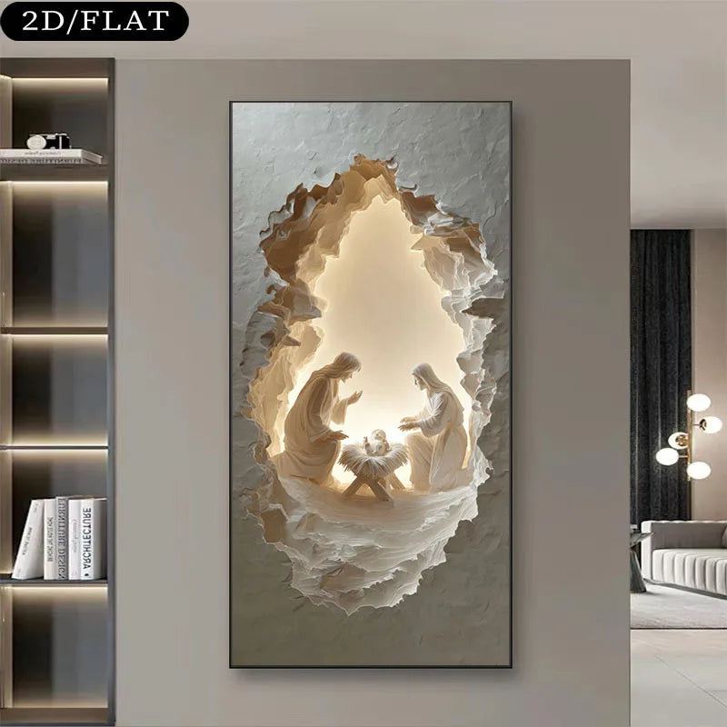 Nativity Scene Unframed Canvas Print Wall Art – Holy Cave Design with Warm Glow for Modern Living Room & Contemporary Foyer Hallway Decor