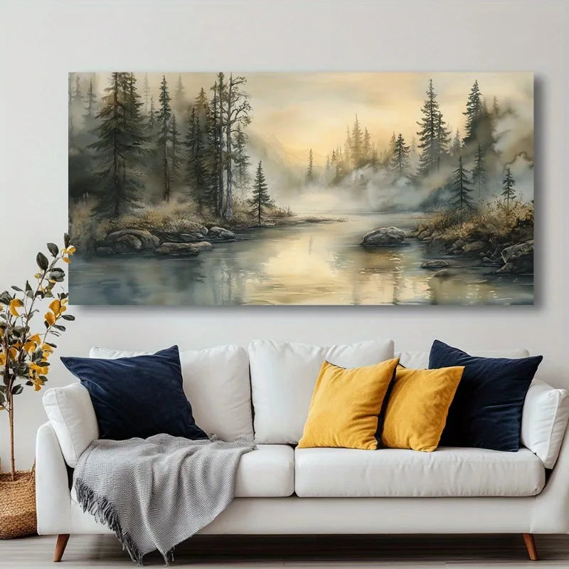 Canvas Wall Art Misty Forest Lake Modern Abstract Painting Frameless Picture Living Room Bedroom Office Home Decora High Quality