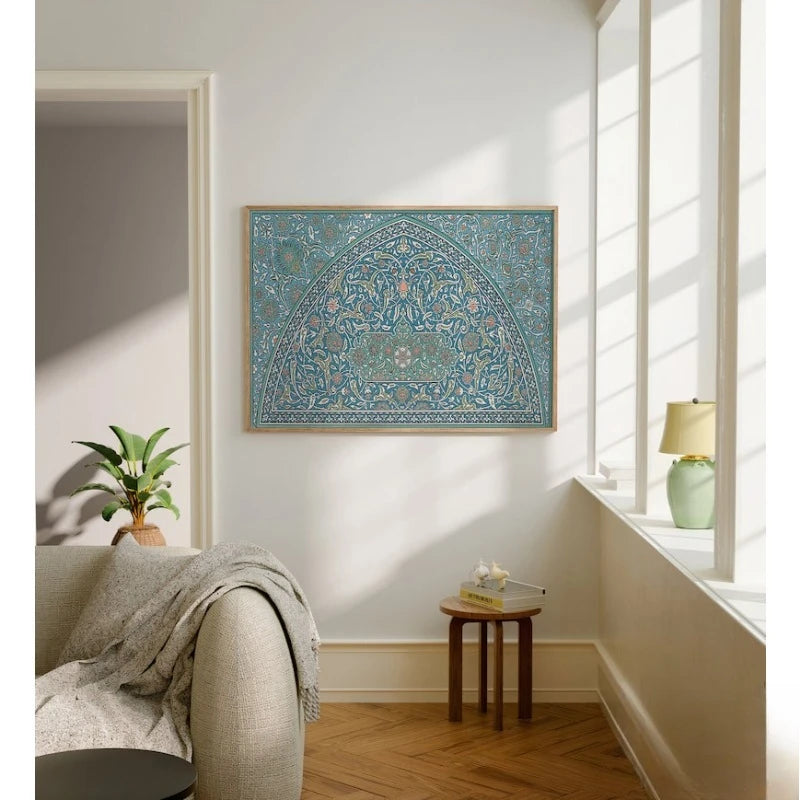 Islamic Geometric Tile Canvas Print Wall Art – Blue, Green & Orange Traditional Pattern Design for Dining Room, Middle Eastern Home Décor