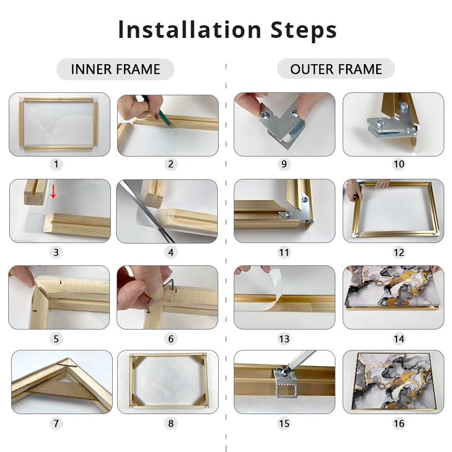Slim Metal Bezel Floating Canvas Picture Frame Brushed Gold Silver Sizes 60x90, 50x70, 40x50cm etc DIY Framing Kit Includes Outer Metal Frame + Inner Wood Frame