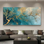 Modern Blue & Teal Abstract Canvas Wall Art – Swirling Contemporary Design with Metallic Gold Branch Accents – Luxury Statement Piece