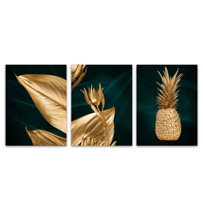 Set of 3PCs Golden Monstera Wall Art Fine Art Canvas Prints - Modern Tropical Botanical Pictures For Living Room Dining Room Art For Contemporary Interiors