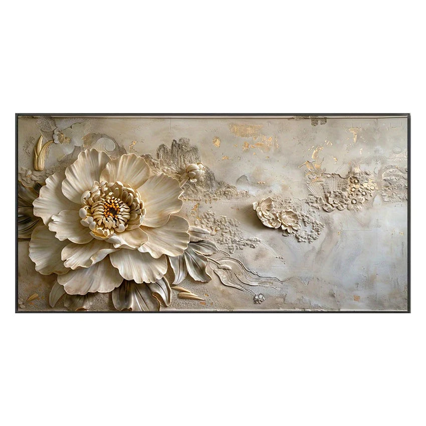 Luxury Cream Petal Relief Design Floral Canvas Print Unframed Wall Art –  Neutral Background for Modern Elegant Living Room Decor