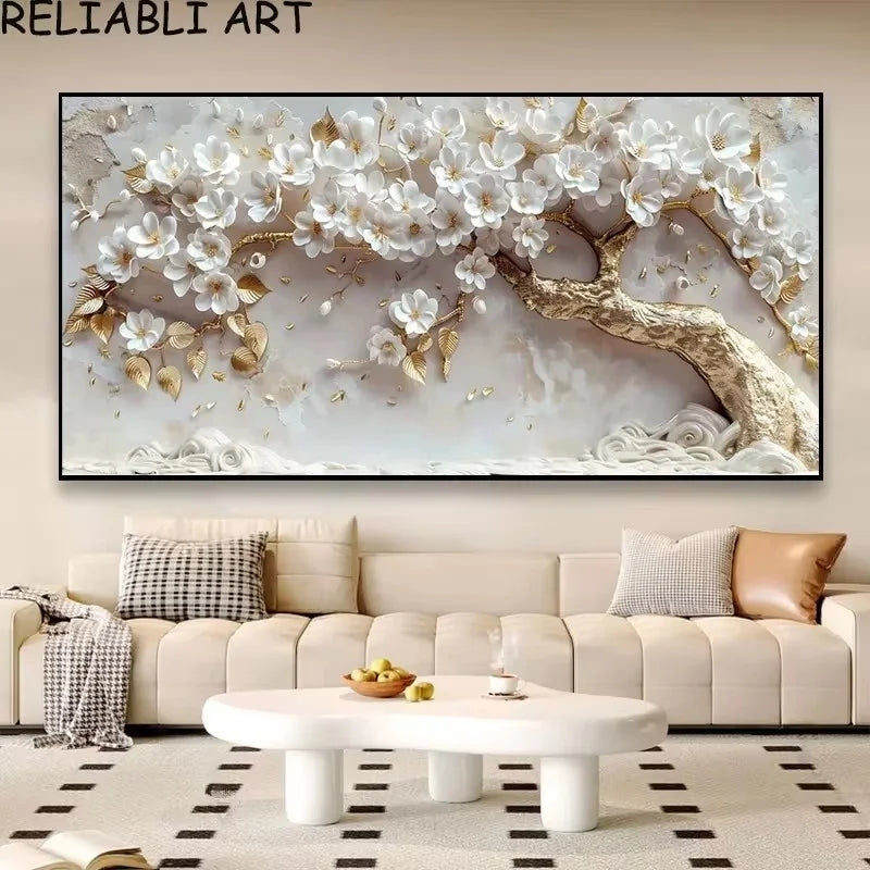 Abstract White Flowers Golden Leaf Tree Canvas Prints Canvas Wall Art Pictures for Living Room Modern Home Decor No Frame