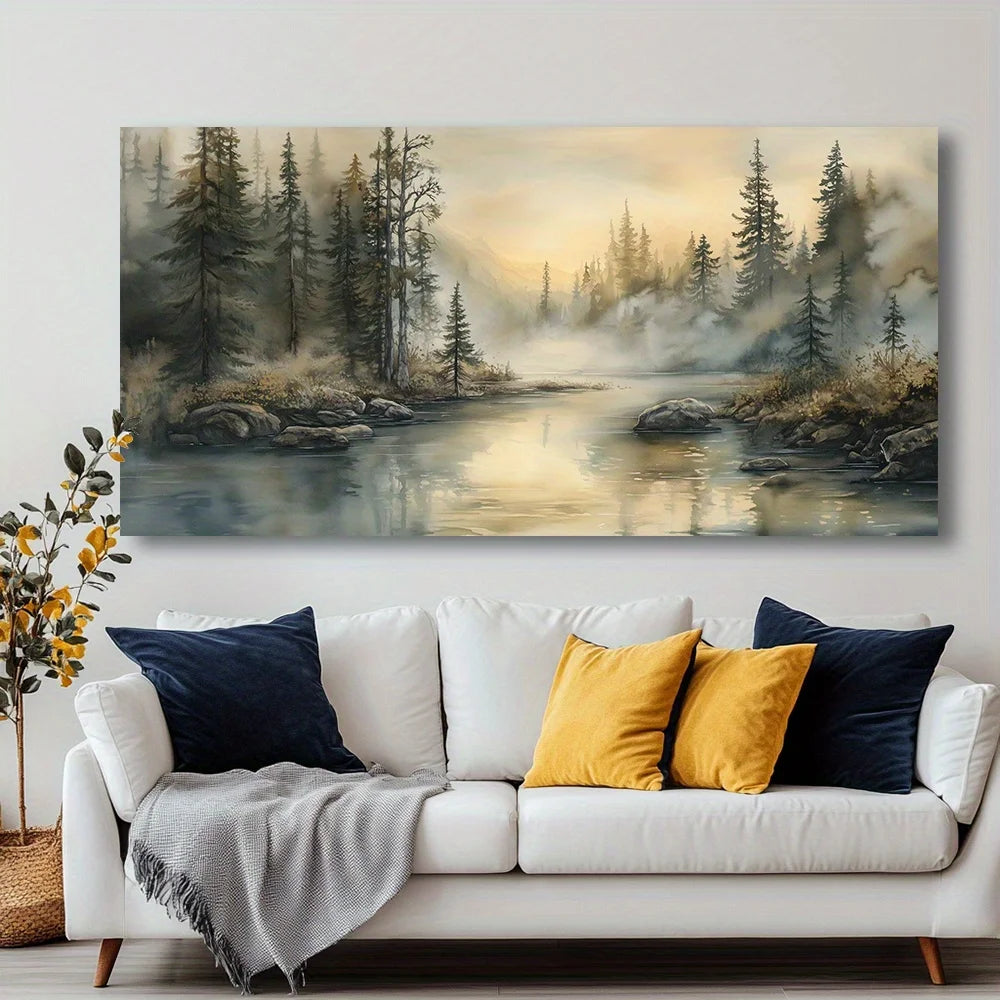 Canvas Wall Art Misty Forest Lake Modern Abstract Painting Frameless Picture Living Room Bedroom Office Home Decora High Quality